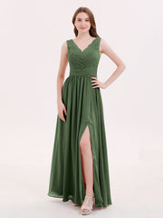 Lace and Chiffon v-NECK Dress with Slit Olive Green