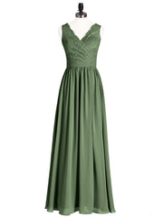 Lace and Chiffon v-NECK Dress with Slit Olive Green
