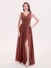 Lace and Chiffon v-NECK Dress with Slit Terracotta