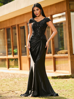 V-neck Mermaid Sweep Train Satin Prom Dresses Black