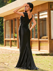 V-neck Mermaid Sweep Train Satin Prom Dresses Black