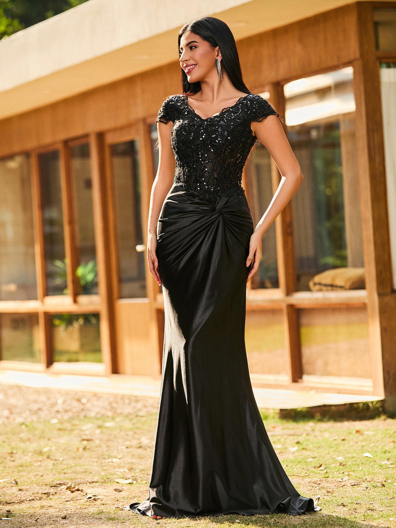 black prom dresses no slit Black Lace Applique High Slit Criss Cross Back Mermaid Prom Dress, Black / 4
