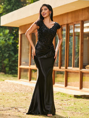 V-neck Mermaid Sweep Train Satin Prom Dresses Black