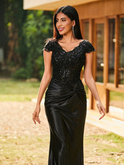 V-neck Mermaid Sweep Train Satin Prom Dresses Black