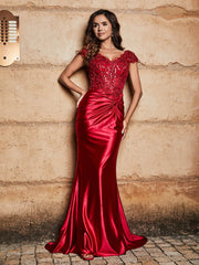 V-neck Mermaid Sweep Train Satin Prom Dresses Burgundy Plus Size