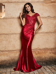 V-neck Mermaid Sweep Train Satin Prom Dresses Burgundy Plus Size