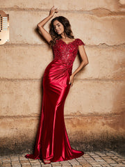 V-neck Mermaid Sweep Train Satin Prom Dresses Burgundy Plus Size