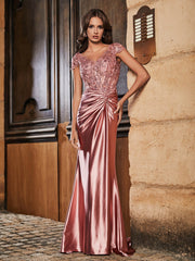 V-neck Mermaid Sweep Train Satin Prom Dresses Dusty Rose