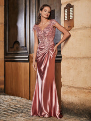 V-neck Mermaid Sweep Train Satin Prom Dresses Dusty Rose