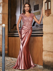 V-neck Mermaid Sweep Train Satin Prom Dresses Dusty Rose
