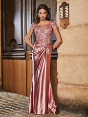 V-neck Mermaid Sweep Train Satin Prom Dresses Dusty Rose