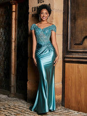 V-neck Mermaid Sweep Train Satin Prom Dresses Jade