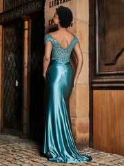 V-neck Mermaid Sweep Train Satin Prom Dresses Jade Plus Size
