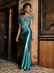 V-neck Mermaid Sweep Train Satin Prom Dresses Jade Plus Size