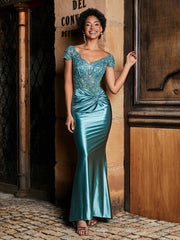 V-neck Mermaid Sweep Train Satin Prom Dresses Jade Plus Size