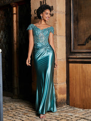 V-neck Mermaid Sweep Train Satin Prom Dresses Jade