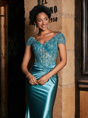 V-neck Mermaid Sweep Train Satin Prom Dresses Jade Plus Size