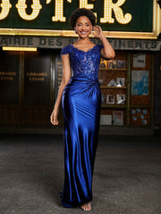 V-neck Mermaid Sweep Train Satin Prom Dresses Royal Blue Plus Size