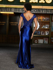 V-neck Mermaid Sweep Train Satin Prom Dresses Royal Blue Plus Size