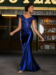 V-neck Mermaid Sweep Train Satin Prom Dresses Royal Blue