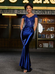 V-neck Mermaid Sweep Train Satin Prom Dresses Royal Blue Plus Size