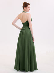 Long Chiffon Dresses with V Neckline Olive Green