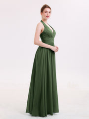 Long Chiffon Dresses with V Neckline Olive Green