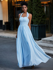 Full Length Chiffon Maxi Bridesmaid Gowns Sky Blue Plus Size