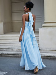 Full Length Chiffon Maxi Bridesmaid Gowns Sky Blue Plus Size