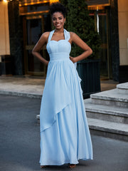 Full Length Chiffon Maxi Bridesmaid Gowns Sky Blue Plus Size
