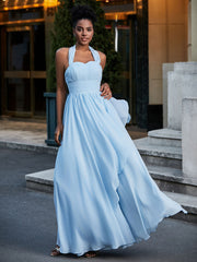 Full Length Chiffon Maxi Bridesmaid Gowns Sky Blue Plus Size