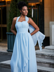 Full Length Chiffon Maxi Bridesmaid Gowns Sky Blue Plus Size