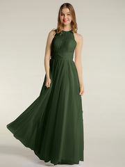 Halter Full Length Tulle Bridesmaid Dress Olive Green