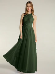 Halter Full Length Tulle Bridesmaid Dress Olive Green