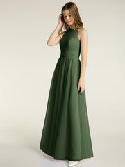 Halter Full Length Tulle Bridesmaid Dress Olive Green