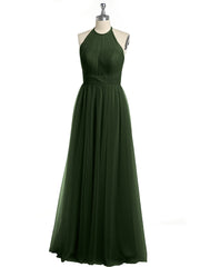 Halter Full Length Tulle Bridesmaid Dress Olive Green