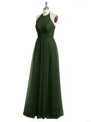 Halter Full Length Tulle Bridesmaid Dress Olive Green
