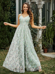 A-line V-neck Lace Dress With Slit Dusty Sage Plus Size