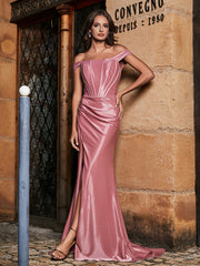 Off-the-shoulder Sweep Train Polyester Prom Dresses Dusty Rose Plus Size