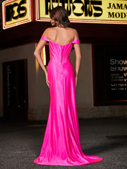 Off-the-shoulder Sweep Train Polyester Prom Dresses Hot Pink Plus Size