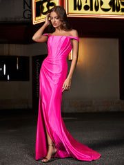 Off-the-shoulder Sweep Train Polyester Prom Dresses Hot Pink Plus Size