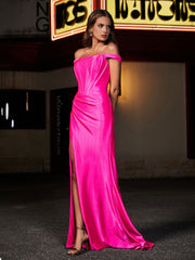 Off-the-shoulder Sweep Train Polyester Prom Dresses Hot Pink Plus Size