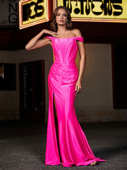 Off-the-shoulder Sweep Train Polyester Prom Dresses Hot Pink Plus Size