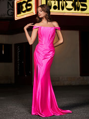 Off-the-shoulder Sweep Train Polyester Prom Dresses Hot Pink Plus Size
