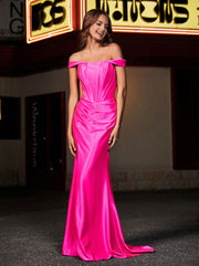 Off-the-shoulder Sweep Train Polyester Prom Dresses Hot Pink Plus Size