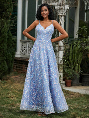 Lace Sequins Flowers A-line Dress Blue