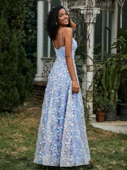 Lace Sequins Flowers A-line Dress Blue
