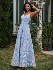 Lace Sequins Flowers A-line Dress Blue