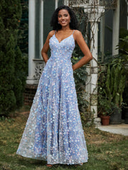 Lace Sequins Flowers A-line Dress Blue