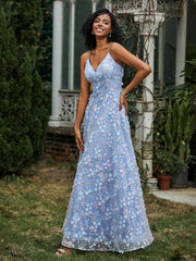 Lace Sequins Flowers A-line Dress Blue